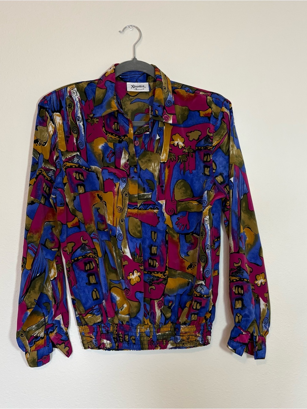 Vintage 80s Abstract Multicolor Button-Up Blouse - Bold Pattern and ShoulderPads